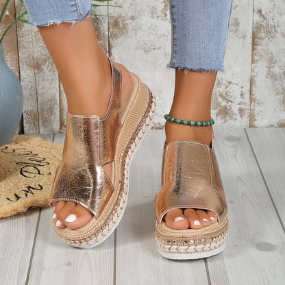 Summer Shiny Sandals Hollow Design Fish Mouth Sandal For Women Fashion Buckle Wedges Shoes