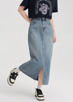 Tencel Denim Skirt Women's Thin Waist High Loose Slit Ice Silk A-line Medium Length Hip Skirt