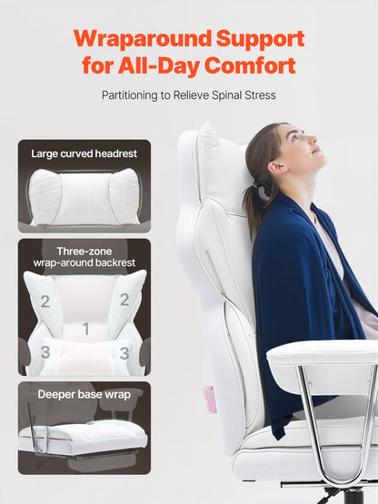 Reclining Office Chair With Footrest, Heavy Duty PU Leather Wide Office Chair, Big And Tall Executive Office Chairs With Lumbar Support, Strong Metal Base Quiet Wheels, White