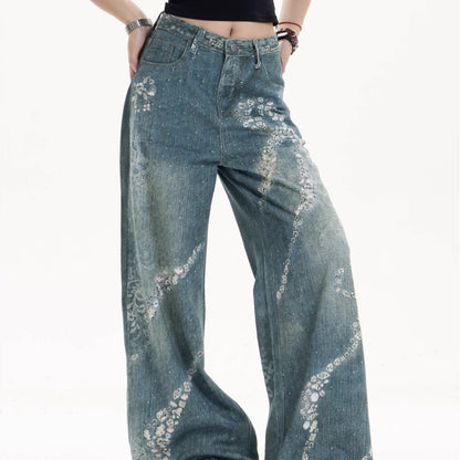 Women's Bowknot Printed Jeans Loose Wide-leg Pants