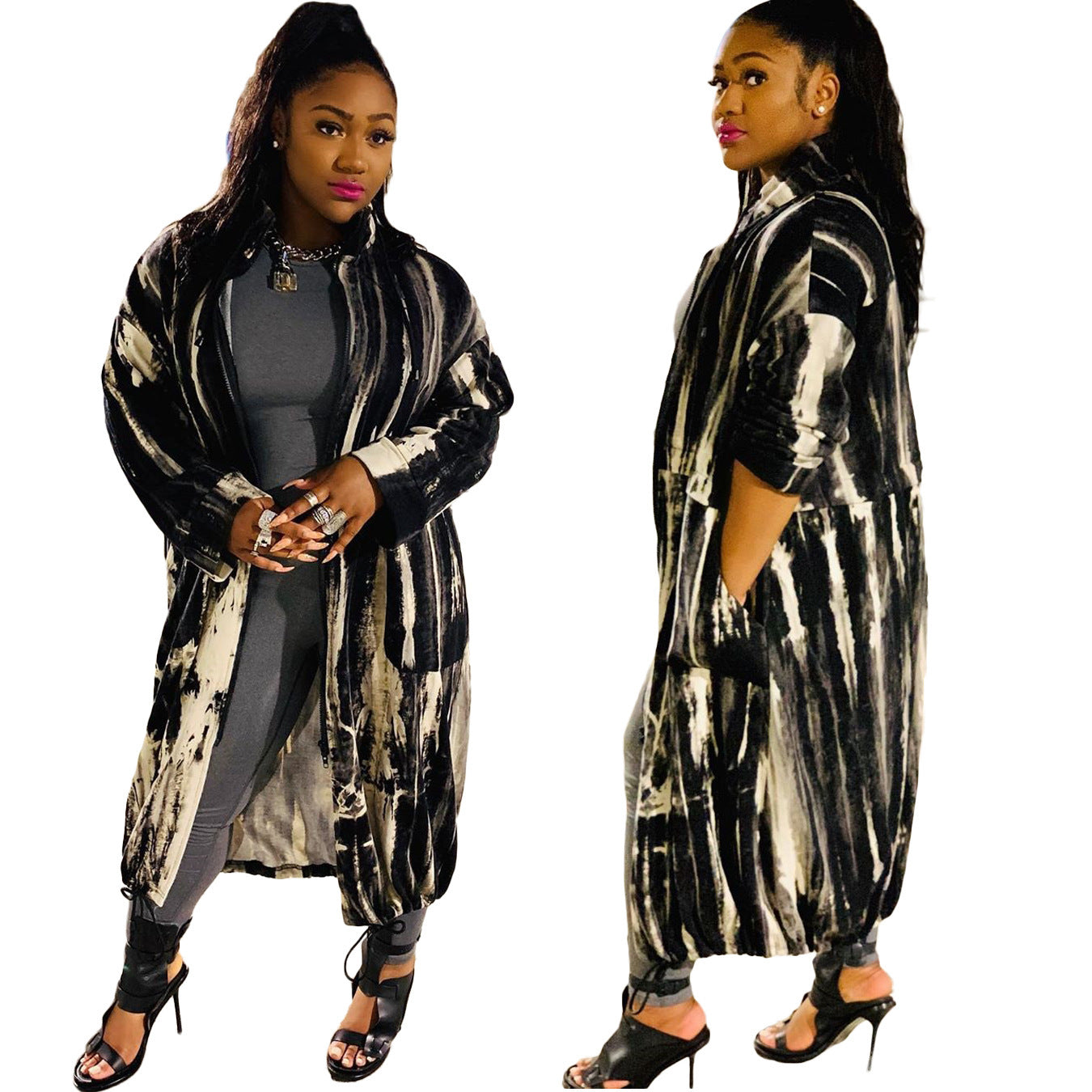 Women's Long Casual Printed Zipper Trench Coat