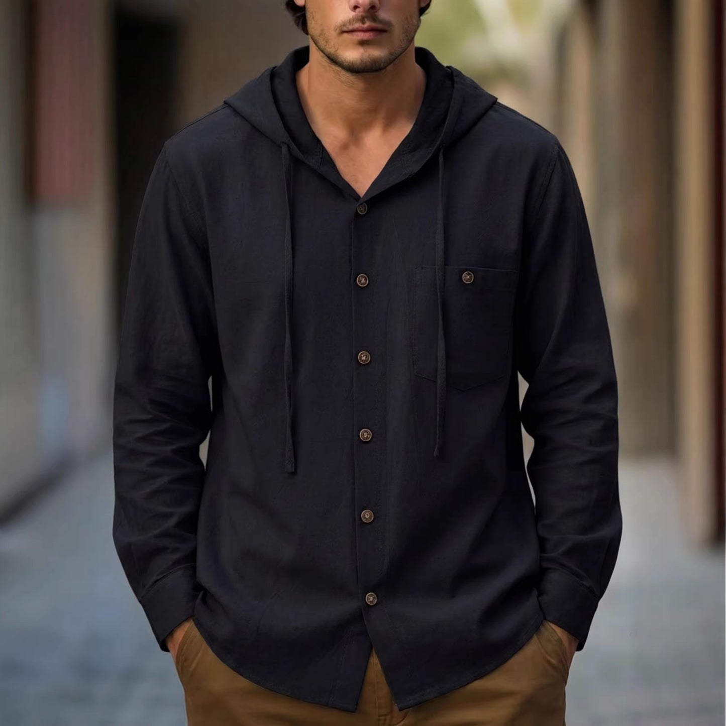 Men's Cotton-Linen Hooded-Pocket Casual Beach Long-Sleeve Shirt