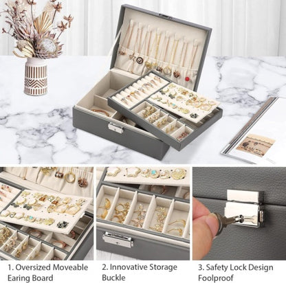 2 Layer Grey Jewellery Box Organizer Rings Necklaces Jewellry Storage Case Box