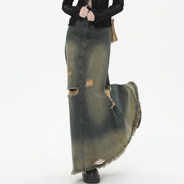 High Waist Loose And Slimming Long Skirt Ripped Denim Skirt