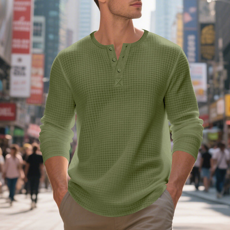 Men's Jacquard Small Plaid Button-Down Henry Long Sleeve
