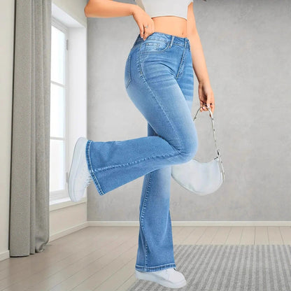 Pocket Design Loose Flared Pants Slim Fit Light Blue Trousers