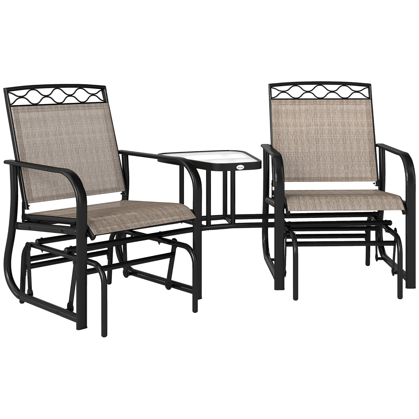 Double Outdoor Glider Chair, 2 Seater Patio Rocking Chairs, Swing Bench With Tempered Glass Table, Breathable Mesh Fabric For Backyard, Garden, Porch, Brown