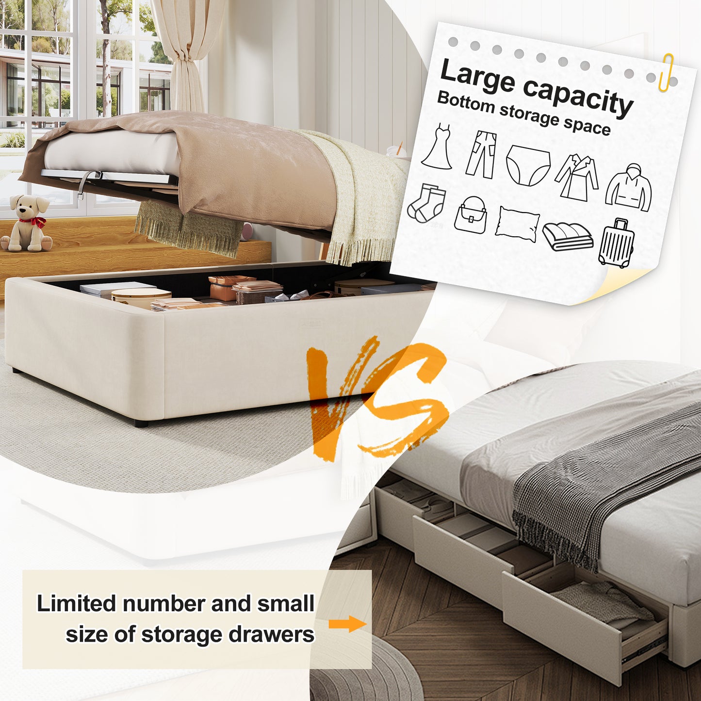 Upholstered Bed, Single Bed, Children's Bed, 3ft-90 X 190cm, Hydraulic Bed, Bed With Headboard And Large Storage Space, Upholstered Headboard, Velvet, Beige