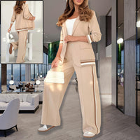 2 Pcs Set Women Suit Coat Pants Suit Lapel Long Sleeves Lady Jacket Wide Leg High Waist Trousers Female Commuting Office Outfit
