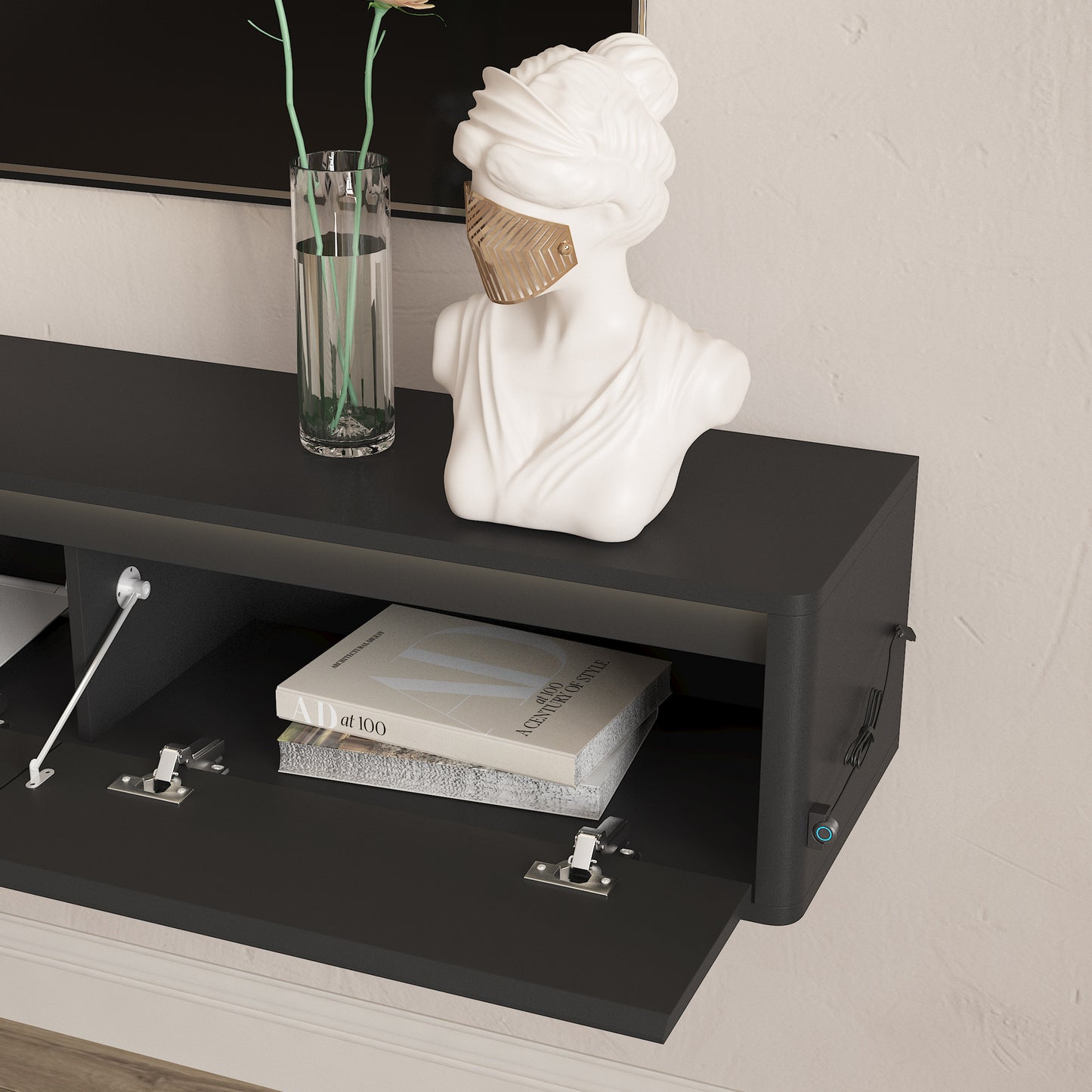 Floating TV Stand, Wall Mounted TV Shelf With Led Lights & Power Outlet,High Gloss TV Cabinet For Black Tv Stands For Living Room
