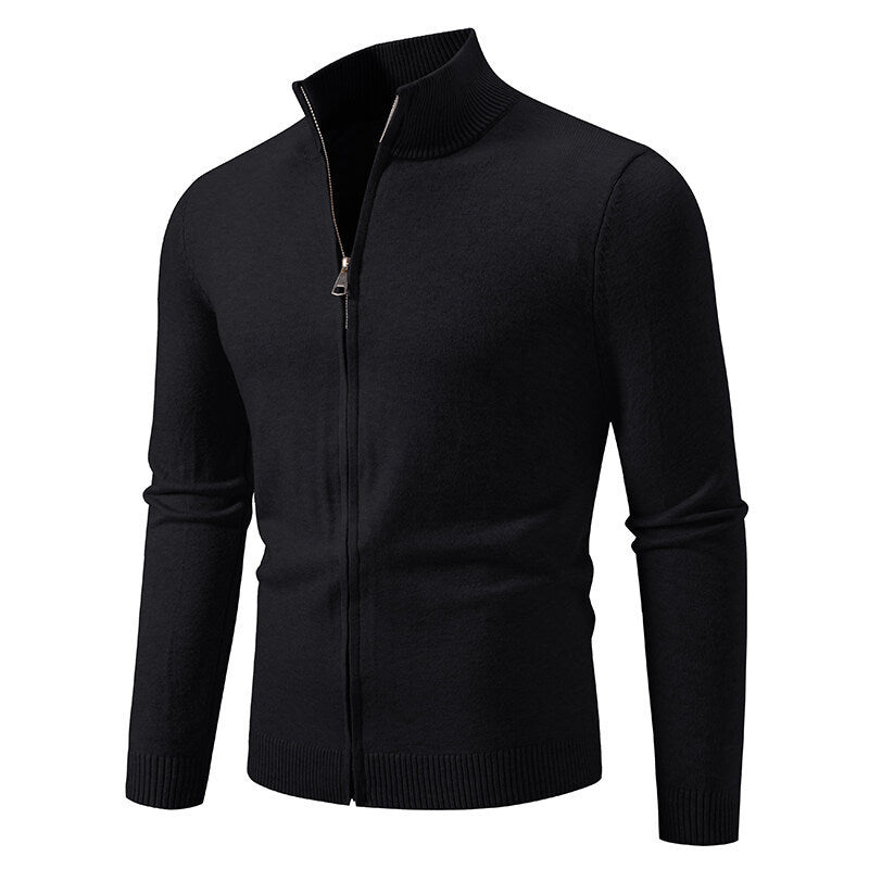 Stand Collar Simple Zipper Solid Color Cardigan Sweater
