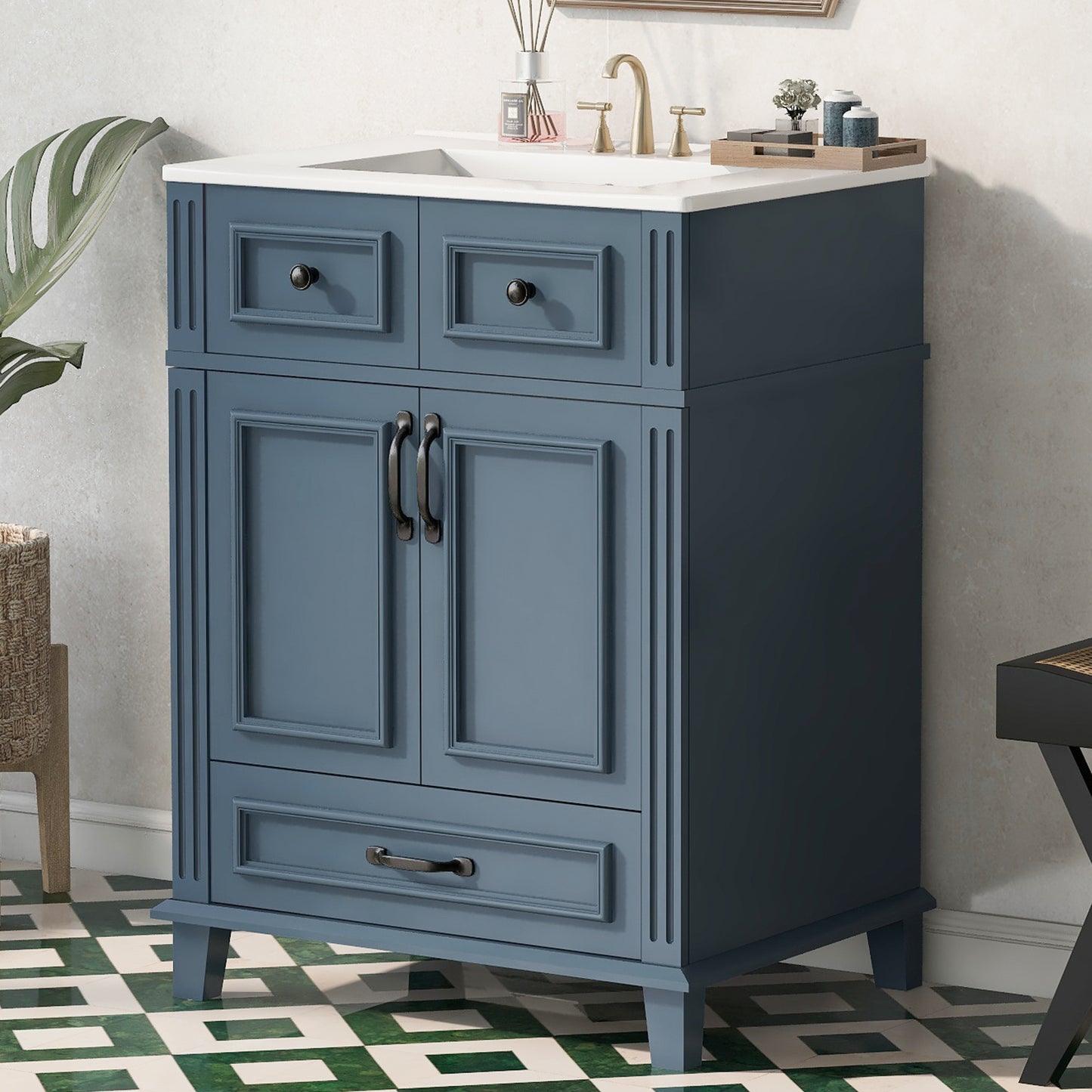 24'' Bathroom Vanity With Ceramic Sink,Solid Wood Frame Bathroom Storage Cabinet With Soft Closing Doors,Retro Style, Blue