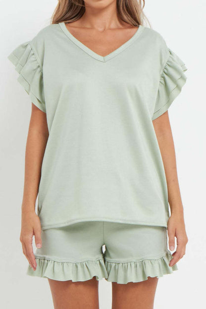 Ladies V Neck Frill Peplum Sleeve Top And Short 2 Piece Tracksuit Set
