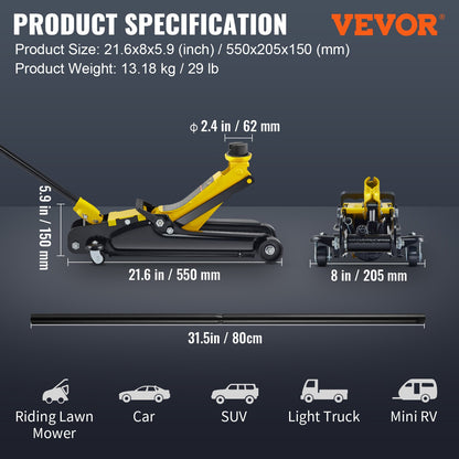 VEVOR Low Profile Floor Jack 2.5 Ton Heavy Steel Single Piston HydraulicPump