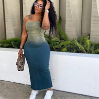 Gradient Tube Top Split Sheath Stretch Denim Skirt