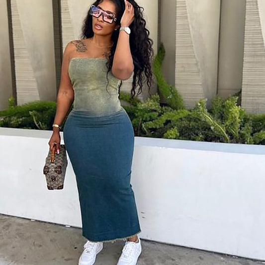 Gradient Tube Top Split Sheath Stretch Denim Skirt
