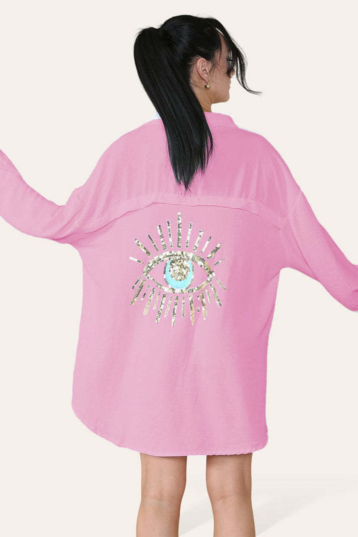 Oversized Long Sleeve Gold Sequin Eye Button Up Shirt