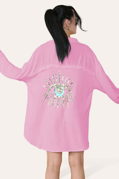 Oversized Long Sleeve Gold Sequin Eye Button Up Shirt