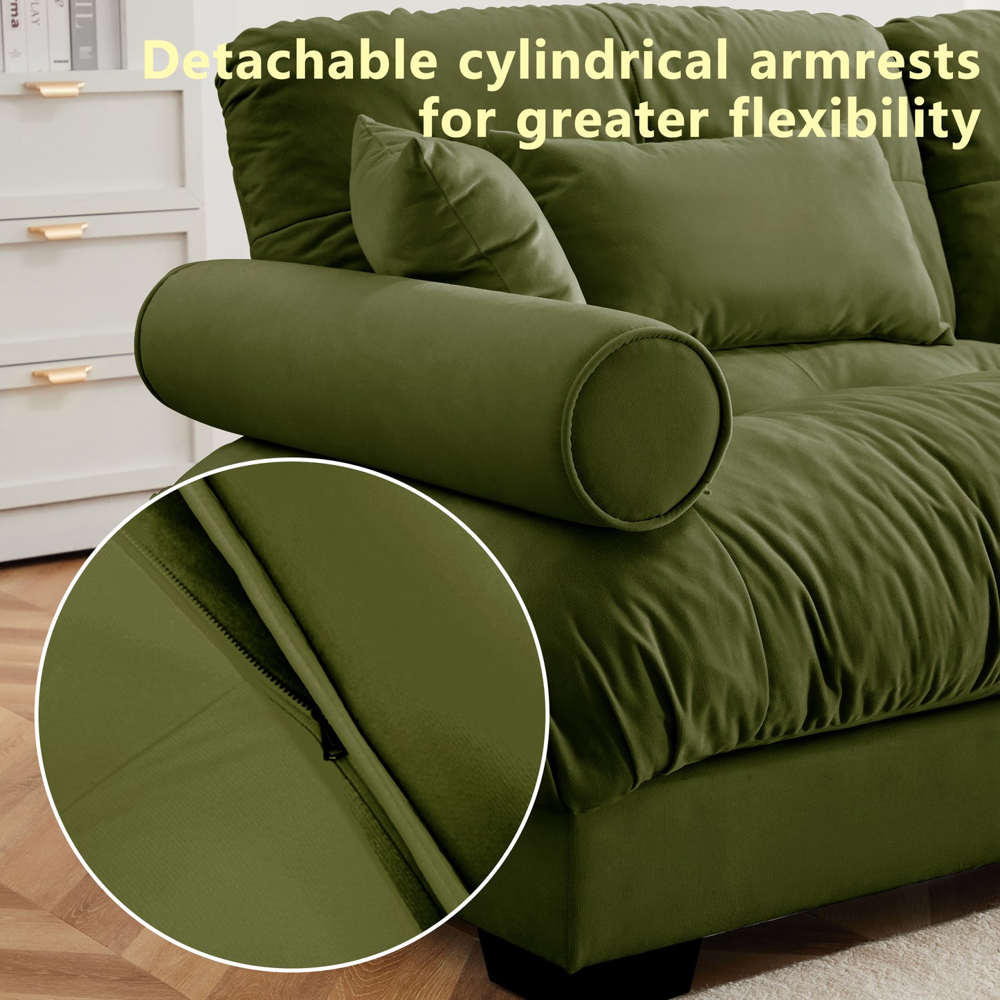 Over Size Modern Two-seater Sofa With Ottoman, Velvet 2-Seater With Round Bolster Armrests,With Waist Pillow And Throw Pillows, Reading Room  Olive Green