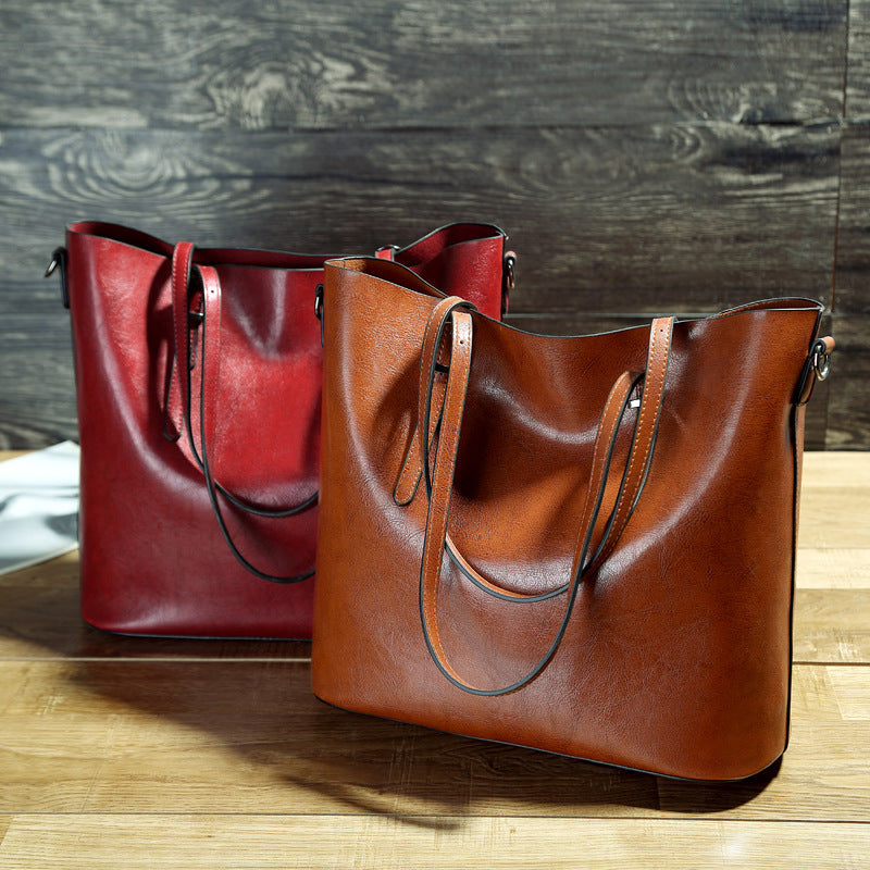 Simple Oil Wax Leather Messenger Shoulder Bags Women's High Capacity Portable Tote Bag