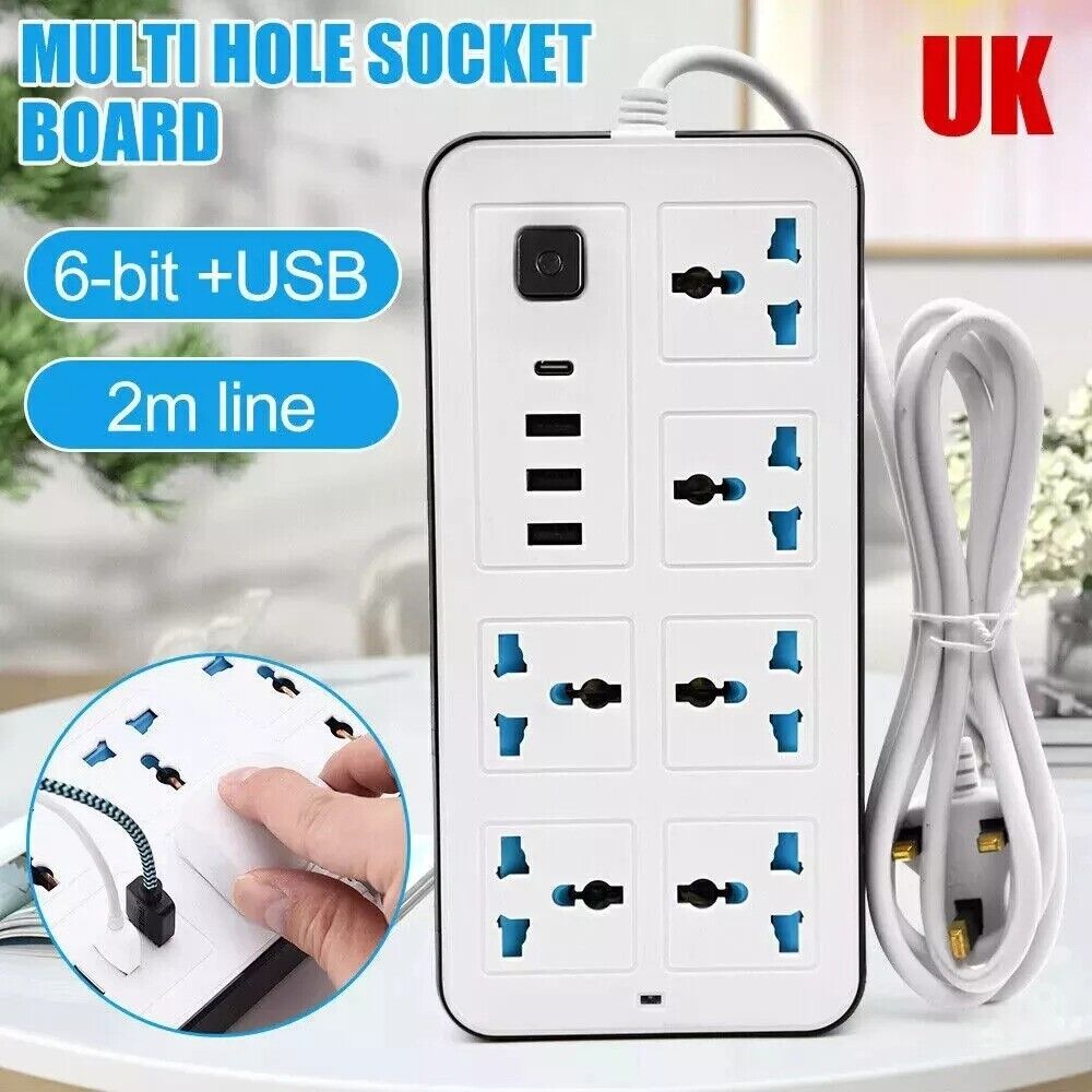 Extension Lead Cable Electric Mains Power 6 Gang Way 4 USB  Plug Socket