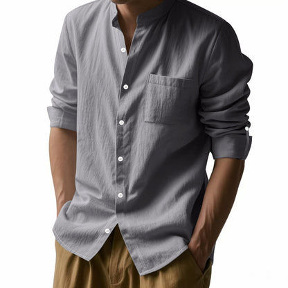 Long Sleeve Stand Collar Shirt With Pockets Casual Men's Clothing
