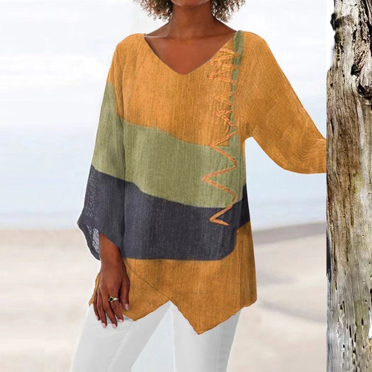 Ins Colorblock Print V-neck Long Sleeve T-Shirt Fashion Loose Tops Autumn And Spring Women's Clothing