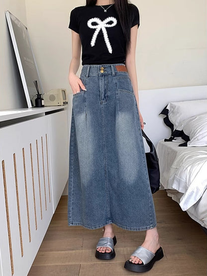 Retro Denim Skirt For Women Summer High Waist Back Slit Medium Long Slim A-line Skirt