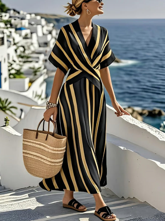Summer Vacation V-Neck Womens Short-Sleeve Pleated Maxi Dress