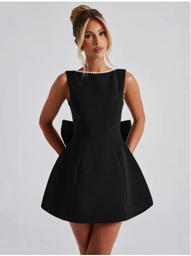 Fashion Big-Bowed Pearls Backless Dress Summer Slim Sleeveless A-line Dresses For Party Evening Women's Clothing