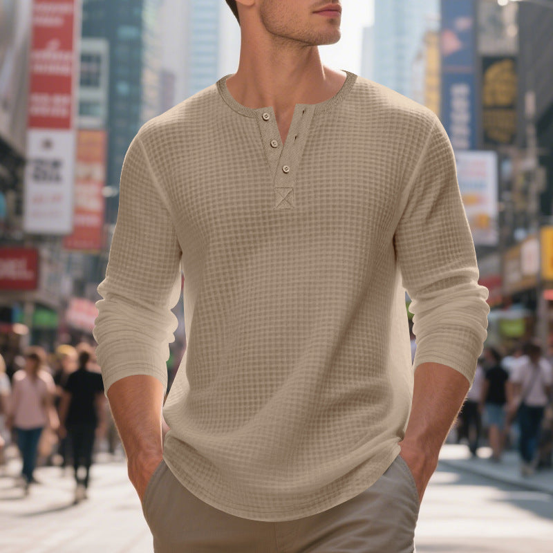 Men's Jacquard Small Plaid Button-Down Henry Long Sleeve