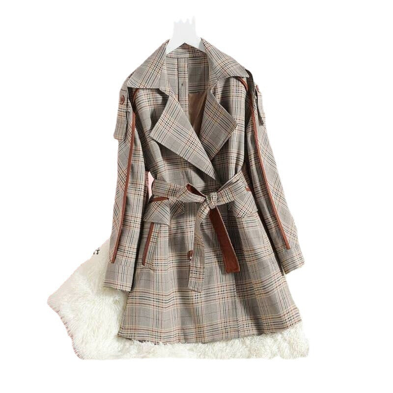 Mid-length Plaid Patch Acrylic Korean Windbreaker