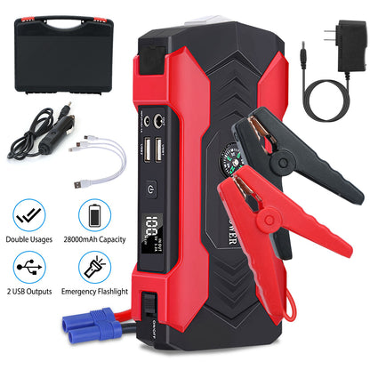 Car Jump Starter Booster 800A Peak 28000mAh 12V Battery Charger Up To 6.0L Gas Or 3.0L Diesel Engine With LCD Screen 4 Modes LED Flashlight
