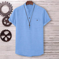 Mens Casual Short-sleeve Solid-color Shirt With A Turn-down Collar