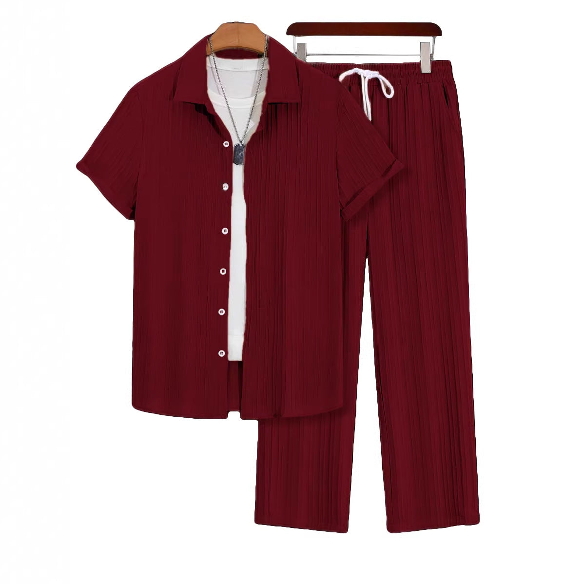 Mens Plus-Size Casual Loose Short-Sleeve Shirt And Pants Set