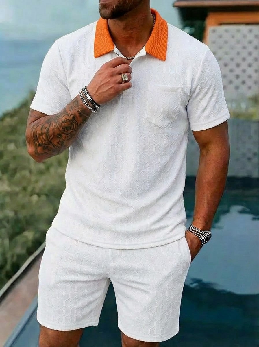 Mens Fashionable Breathable Color-Block Pocket Short-Sleeve Set