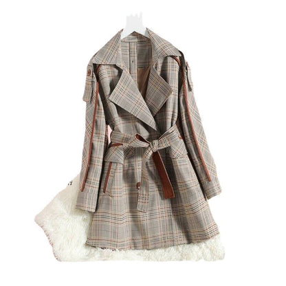 Mid-length Plaid Patch Acrylic Korean Windbreaker