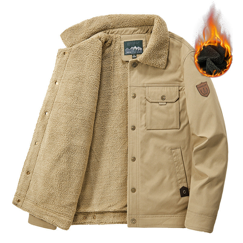 Washed Jacket For Men Fleece-lined And Thickened Lambswool Casual Style