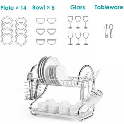 2 Tier Dish Drainer Rack With Drip Tray Kitchen Drying Rack Bowl Plate Holder UK