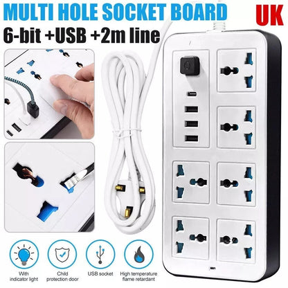 Extension Lead Cable Electric Mains Power 6 Gang Way 4 USB  Plug Socket