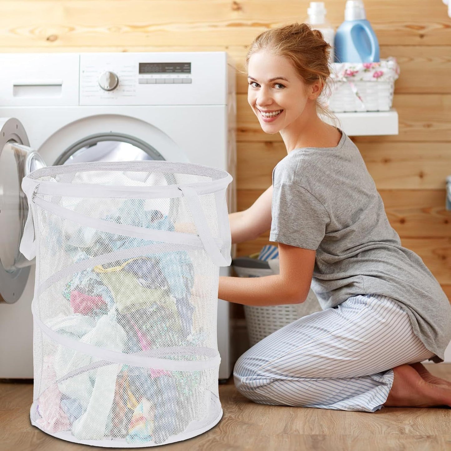 Large Collapsible Laundry Basket Foldable Mesh  Up Hamper With Handles For Laundry Room, Bath, Kids Room, College Dorm, Travel, Storage Organizer White