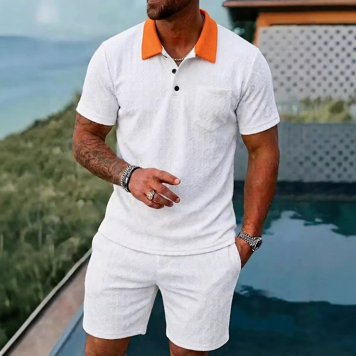 Mens Fashionable Breathable Color-Block Pocket Short-Sleeve Set