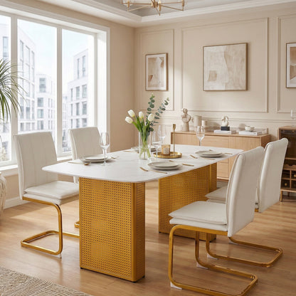 Modern Rectangular Tempered Glass Dining Table, Marble-Patterned Design With Gold Dual-Pedestal Metal Base, Ideal For Dining Room & Home Office