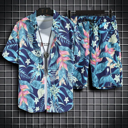 Mens Short-Sleeve Shirt And Casual Shorts Set