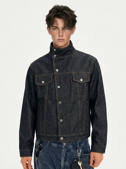 Dark Indigo Stand Collar Utility Denim Jacket