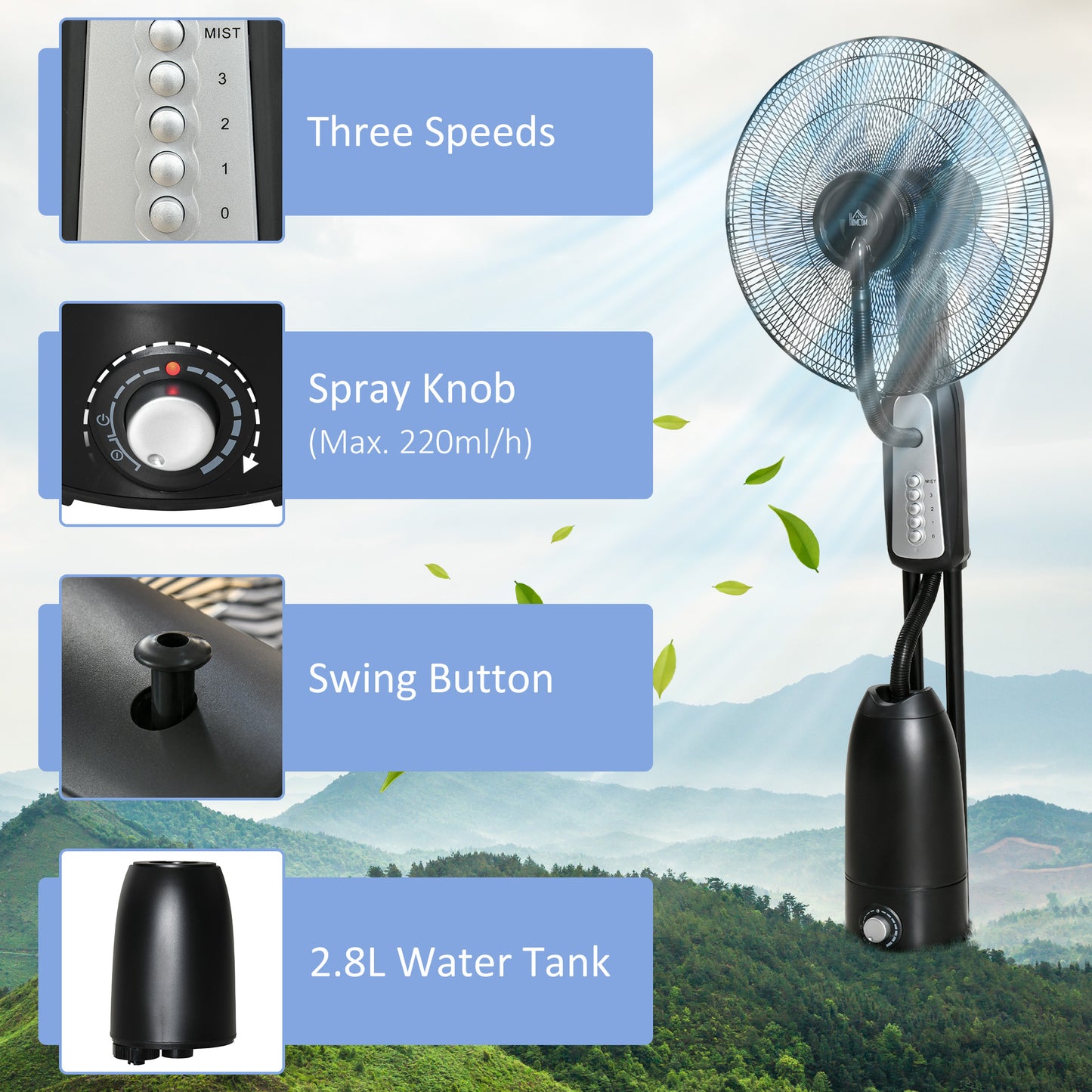 18 Pedestal Fan With Water Mist Spray, Standing Fan, Humidifying Misting Fan With 3 Speeds, 2.8L Water Tank, Black