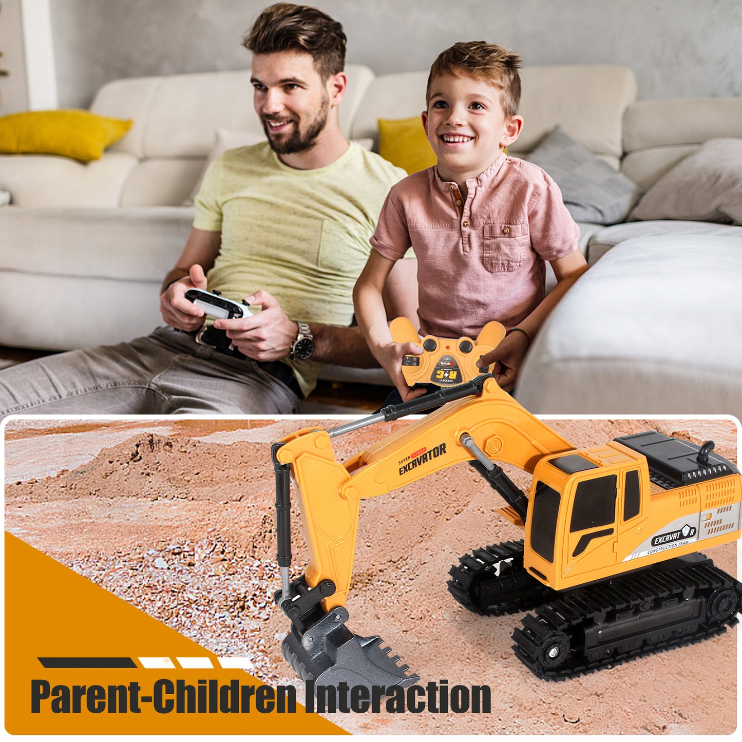 Ferngesteuertes Bagger Spielzeug Ab 3 Jahre, 2,4 GHz RC Auto Kinder Bagger Mit Licht Und Soundeffekten, 2 Wiederaufladbare Akkus 60Min Spielzeit, Spielzeugauto Geburtstagsgeschenk Fur Jungen