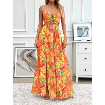 Womens Floral Print Backless Side-Slit Dress