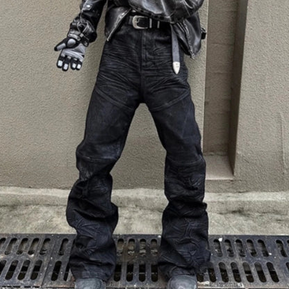 American-style Raw-edge Slim-fit Pleated Slightly Flared Denim Jeans
