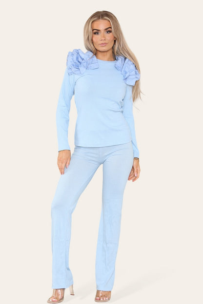 Ruffle Frill Shoulder Ribbed Loungewear Co-Ord Top & Trouser Set